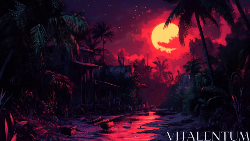 Neon-illuminated jungle canal under oversized crimson moon