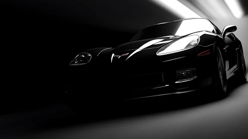 Sleek black sports coupe racing through minimal tunnel light.