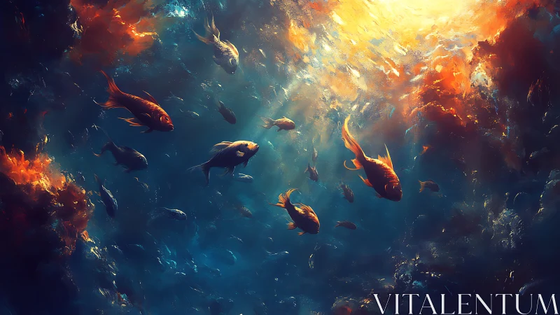 Radiant koi glide through a cosmic underwater storm.