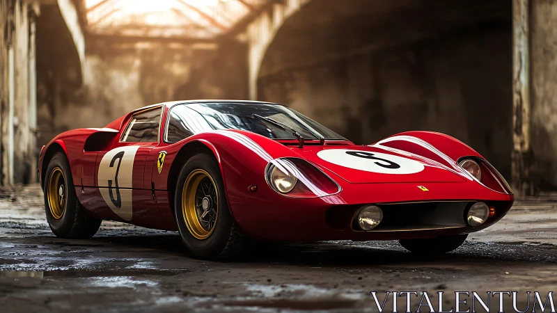Low-angle portrait of classic red endurance race car in ruins