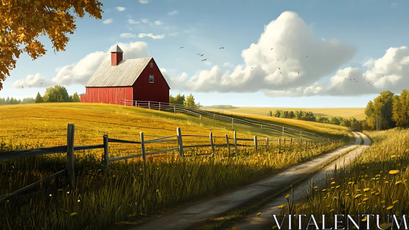 Red barn on rolling prairie under dynamic cumulus sky.
