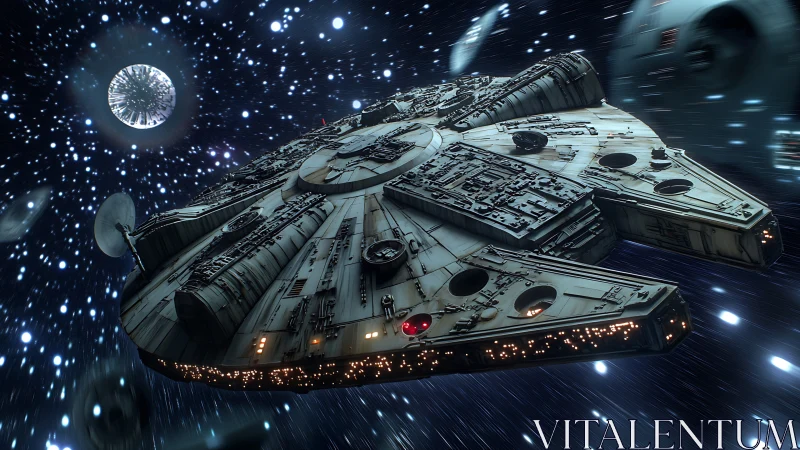 Starfreighter cuts luminous hyperspace tunnel through starlight.