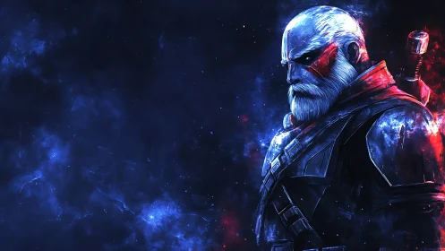 Stoic space warrior gazes into a glowing cosmic battlefield