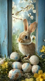 Springtime bunny sentinel amid painted meadow eggs. Period.