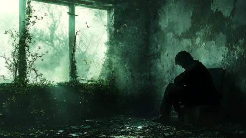 Solitary figure in decayed interior beside overgrown window.