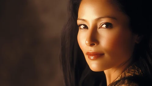 Warm portrait of woman in soft golden studio lighting.