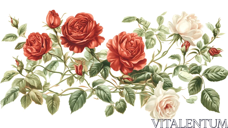 Botanical illustration depicting red and cream roses with green foliage