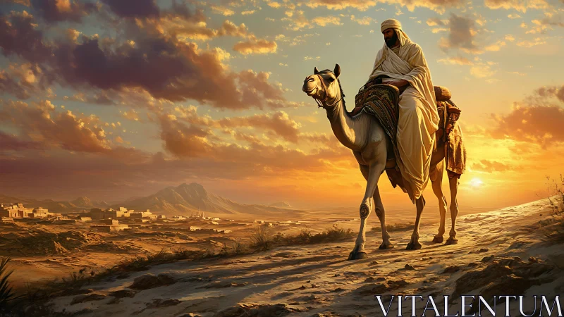 Camel rider traverses sunlit desert ridge at radiant sunset
