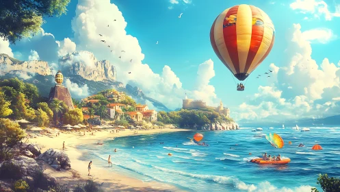 Sunlit coastal resort with striped hot air balloon over sea