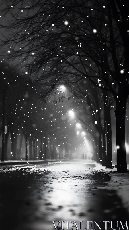 Snowfall along empty city street under night streetlights.