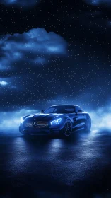 Luxury sports car glows beneath a misty, star-filled sky.