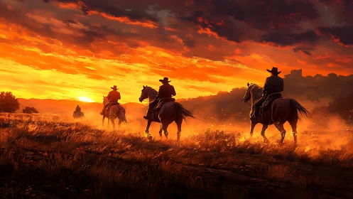 Riders on horseback crossing sunlit prairie at blazing sunset