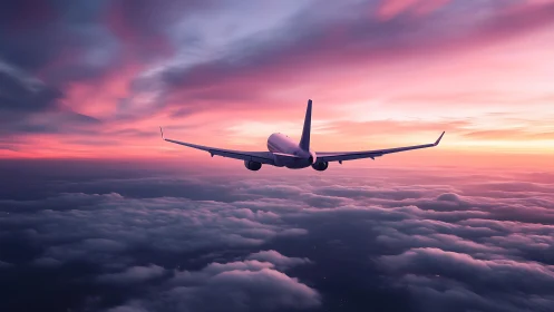 Passenger jet cruising above clouds under vivid sunset sky.