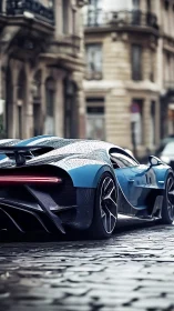 Blue hypercar glides through wet cobblestone city street.
