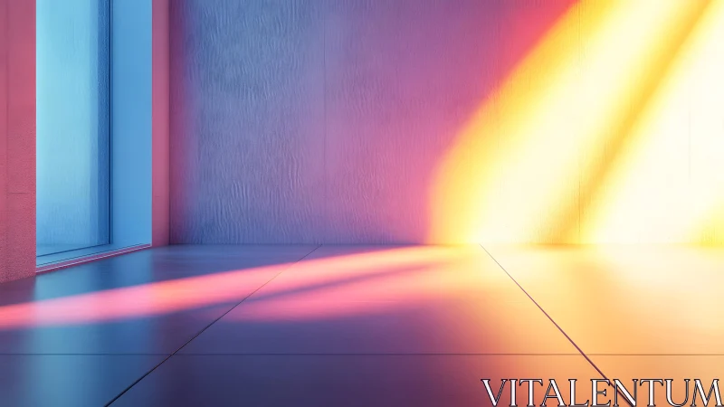 Minimalist room with colorful sunlight casting dramatic shadows.