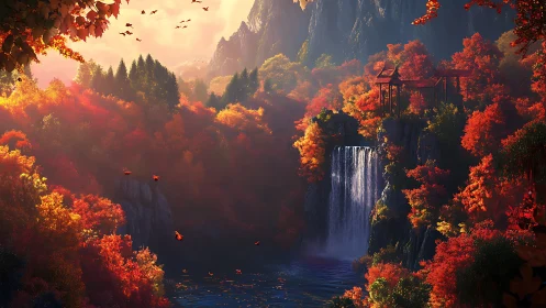 Mountainous landscape with autumn foliage and cascading waterfall.