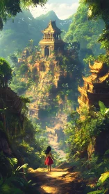 Young explorer approaches sunlit jungle temple city vista