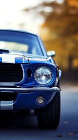 Blue classic muscle car front end shot in shallow focus