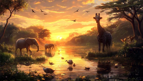 Golden African wildlife at sunset over reflective wetland.