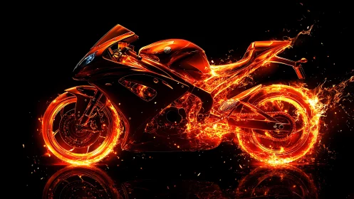 Flaming sport bike streaking through liquid fire glow.