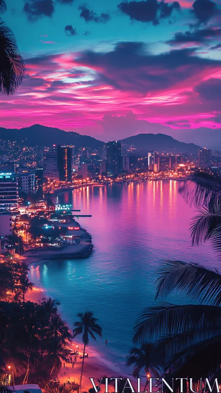 Neon lit coastal cityscape with high rise skyline at dusk.