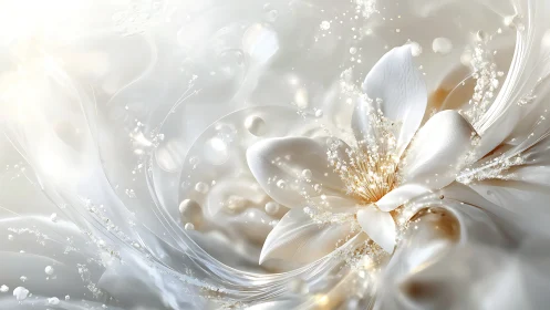 Iridescent white blossom with luminous pearl droplets and swirls.