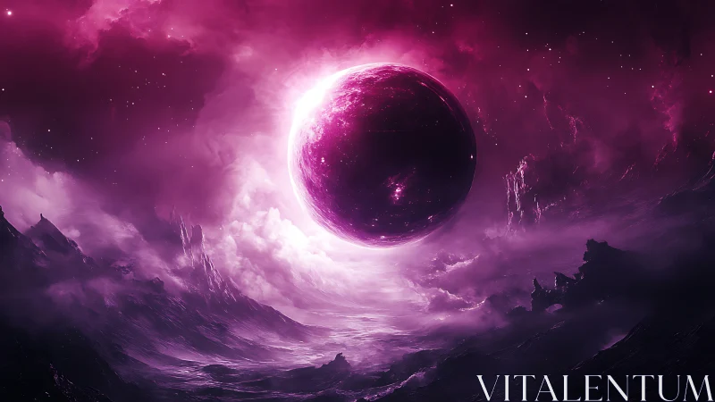 Violet eclipse planet hovers above a storm-torn alien gulf