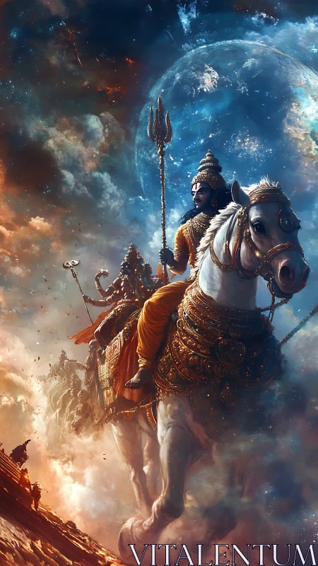 Celestial warrior rides through swirling cosmic storm.