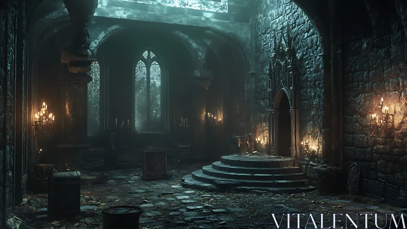 Abandoned stone hall interior with altar steps and candles.