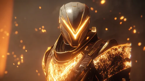 Luminous armored android in molten ember-lit 3D portrait.