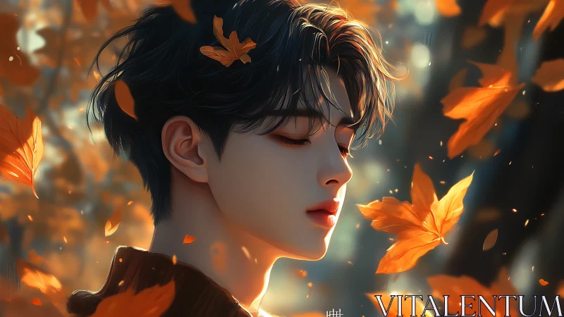 Young man stands in soft autumn light among drifting leaves