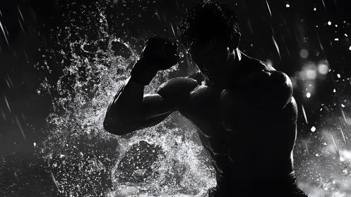 Silhouette fighter striking through rain and exploding water.