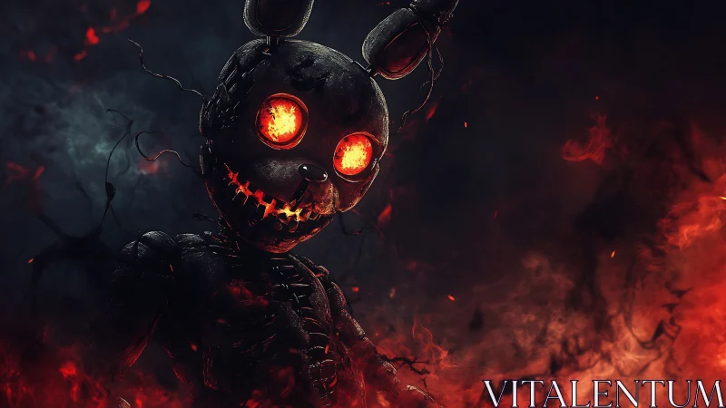 Burning demonic rabbit animatronic glares through swirling fire