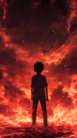 Backlit silhouette against apocalyptic inferno sky composition.