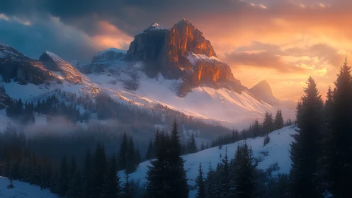 Sunlit peak ignites a misty alpine valley at winter dusk.