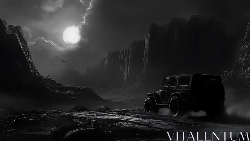 Moonlit off-road wanderer carves shadows through alien cliffs