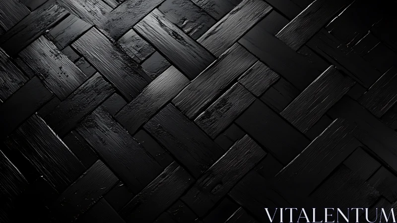 Interlocking black planks in glossy geometric weave pattern.