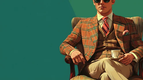 Plaid-clad gentleman lounges in teal silence, sipping composure