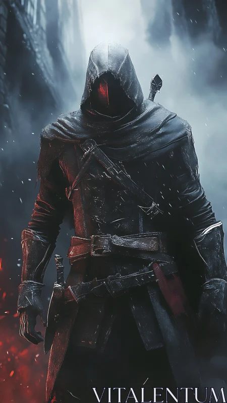 Hooded assassin stalks burning alley in cold mist.