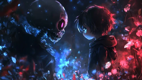 Human figure and skeletal entity in contrasted light field.