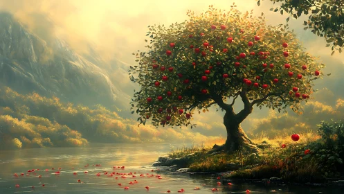 Luminous apple tree glows beside misted mountain lake.