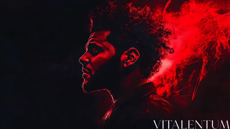 Side profile portrait in red digital smoke effect.