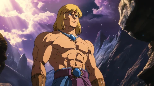 Heroic muscular warrior under cosmic sky, cel-shaded lighting