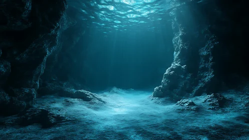Submerged rock cavern with volumetric blue light rays.
