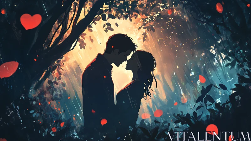 Silhouetted figures in luminous forest setting with suspended red forms.