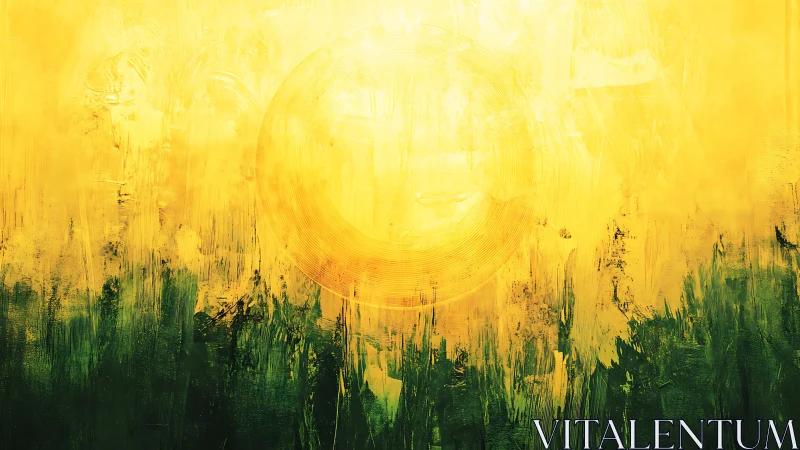 Yellow circular abstract form above dark textured field.