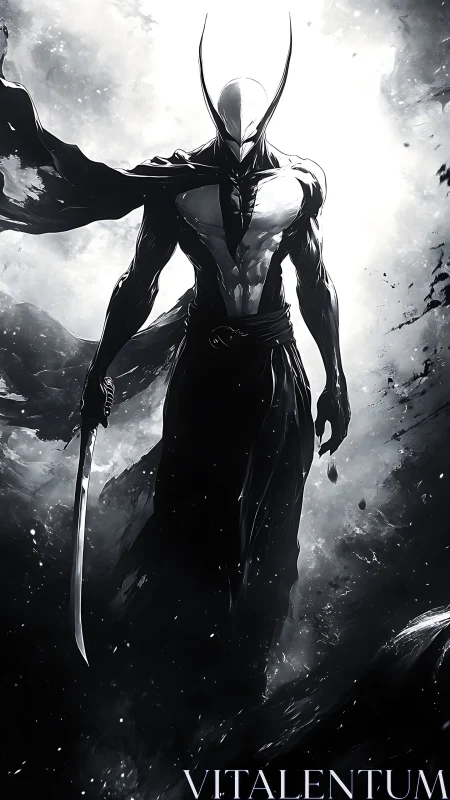 Masked blade warrior strides through stormlit void.