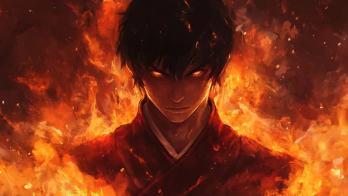 Intense fiery portrait of dark-haired figure amid engulfing flames