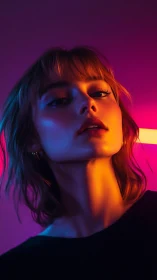 Portrait under neon lighting with strong color contrast.