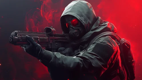 Tactical operator with shotgun in red atmospheric lighting.